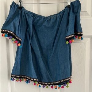Size Large over size Small Blue Off-Shoulder Top with Pom Pom Trim